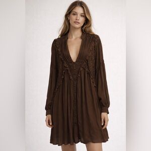 ATTIC SALT Women’s Brown Boho Country Cowgirl Flowy Lace Long Sleeve Dress EUC S